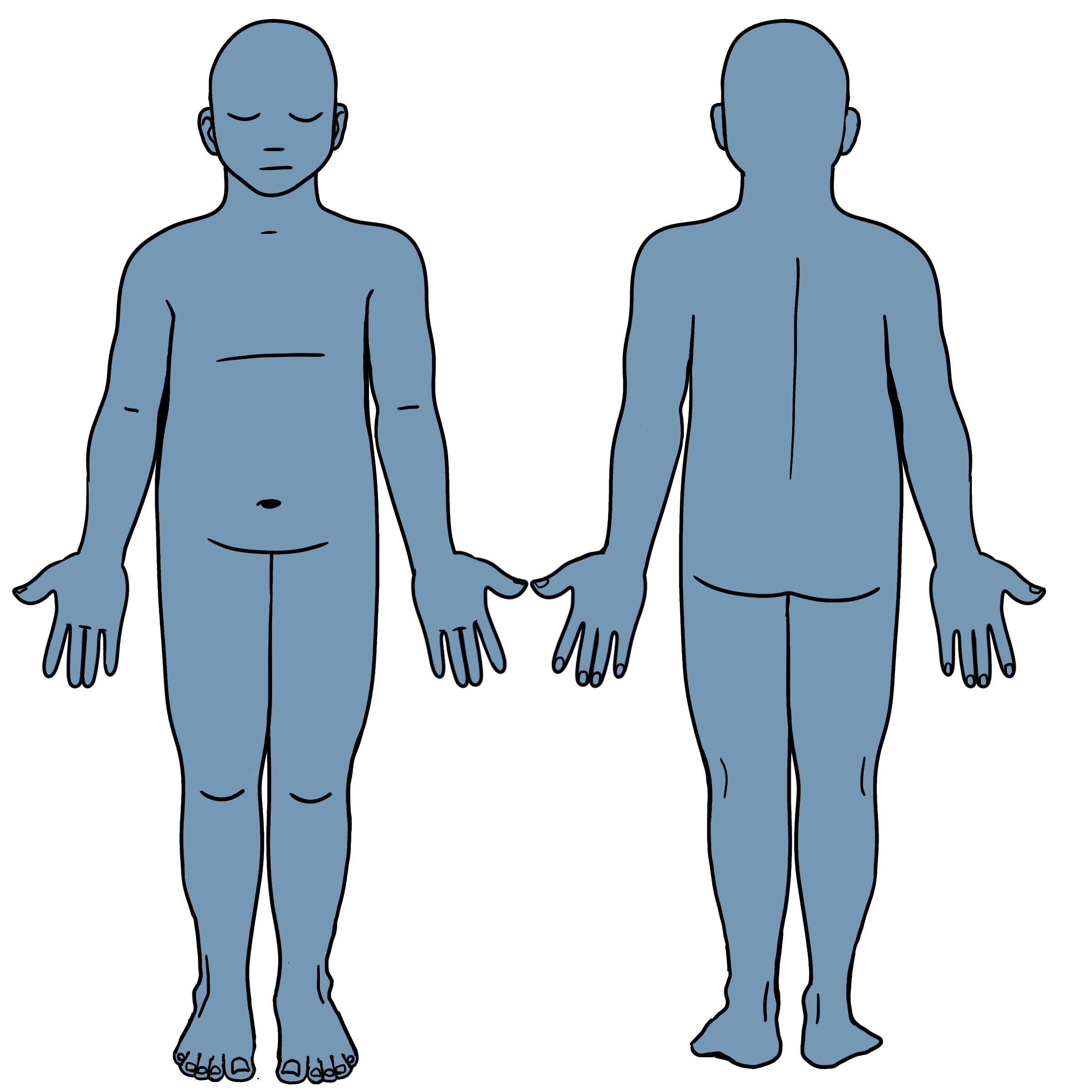 Front and back outlines of a medium sized body, eyes closed, no hair, chest indicated by a line. Blue skin.